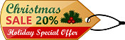 圣诞销售百分之二十的节日特别优惠复古红色黄金闪亮的价格标签