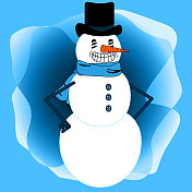 圣诞卡通人物-滑稽微笑的雪人在大礼帽。