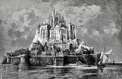 圣米歇尔山，诺曼底，法国-古董黑白插图