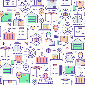 向量的设计模板和元素为交付和物流在流行的线性风格-无缝模式与与交付和物流相关的线性图标-向量