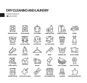 简单的一套洗衣和干洗相关的矢量线图标。大纲符号集合 简单的一套洗衣和干洗相关的矢量线图标。大纲符号集合