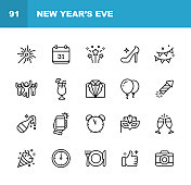 新年前夜的标志。可编辑的中风。像素完美。移动和网络。包含如除夕，派对，烟花，音乐，跳舞，喝酒，香槟，倒计时，庆祝，高跟鞋，餐厅，套装等图标。