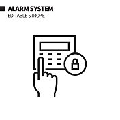 报警系统线图标，轮廓矢量符号插图。完美像素，可编辑的描边。