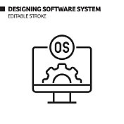 设计软件系统线图标，轮廓矢量符号插图。完美像素，可编辑的描边。