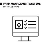 农场管理系统线图标，轮廓矢量符号插图。完美像素，可编辑的描边。