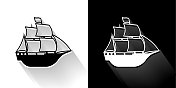 风帆船黑色和白色图标与长影子