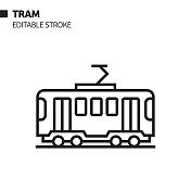 有轨电车线图标，轮廓矢量符号插图。完美像素，可编辑的描边。