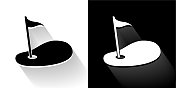 高尔夫球洞旗黑色和白色与长影子的图标