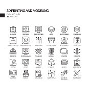 简单的3D打印技术相关的矢量线图标。大纲符号集合