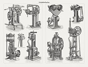 历史上生产鞋的机器，木刻，1899年出版