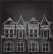 一排传统公寓的建筑插图，展示了二楼和三楼的华丽细节