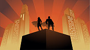 向量超级英雄夫妇剪影在屋顶与建筑的背景