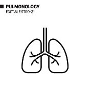 肺科线图标，轮廓向量符号插图。完美像素，可编辑的描边。