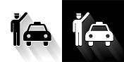 出租车和司机黑色和白色的图标与长影子