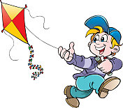 男孩玩风筝。矢量插图的一个快乐的男孩飞行
