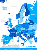 欧洲地图。矢量插图与河流和法国，德国，西班牙和波兰
