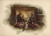 在寒冷的冬季夜晚，一对老年夫妇坐在温暖的火炉旁