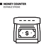 金钱柜台线图标，轮廓矢量符号插图。完美像素，可编辑的描边。