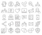 社交媒体相关矢量线图标的简单设置。大纲符号集合。可编辑的中风 社交媒体相关矢量线图标的简单设置。大纲符号集合。可编辑的中风