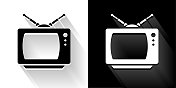 电视盒黑色和白色图标与长影子 电视盒黑色和白色图标与长影子