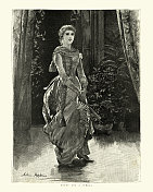 穿着户外散步的维多利亚时代年轻女子，19世纪