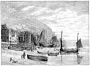 英国黑斯廷斯大球场海滩上的人和船――19世纪