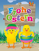 两只小鸡在半个复活节蛋里，有复活节快乐的标志