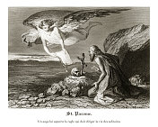 Les Couvents(修道院)，圣帕科姆，一个天使给他带来了必须指导孤独者生活的规则，古董法国雕刻插图Les Couvents(修道院)，1846