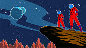 矢量宇航员夫妇在行星上与外太空背景插图