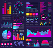 一组信息图元素:条形图，统计，饼图，图标，演示图形
