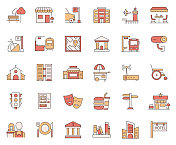 与城市元素相关的向量线图标的简单集合。大纲符号集合。 与城市元素相关的向量线图标的简单集合。大纲符号集合。