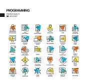 简单的一组编程相关的聚光灯向量线图标。大纲符号集合。