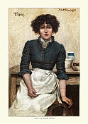 厨房里穿着围裙的年轻女人，十九世纪的样子
