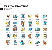简单的3D打印技术相关的聚光灯向量线图标。大纲符号集合