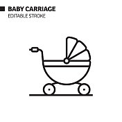婴儿马车线图标，轮廓向量符号插图。完美像素，可编辑的描边。