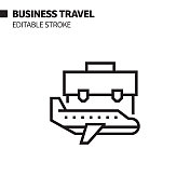 商务旅行线图标，轮廓矢量符号插图。完美像素，可编辑的描边。