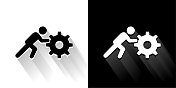 棍图推动齿轮黑色和白色图标与长影子 棍图推动齿轮黑色和白色图标与长影子