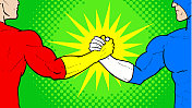 矢量超级英雄兄弟或手臂摔跤握手流行艺术股票插图