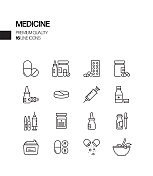 医药相关矢量线图标的简单集合。大纲符号集合