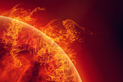 科学背景-太空中的太阳活动。太阳表面有太阳耀斑，太阳燃烧。全球变暖。向量。