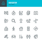 导航-细线矢量图标集。像素完美。可编辑的中风。该集包含图标:GPS，导航罗盘，距离标记，汽车，步行，手机，地图，道路标志。