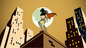 Vector Retro Female Superhero in The City At Night Stock插图