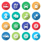 电动汽车相关的矢量平面图标的简单设置。符号集合 电动汽车相关的矢量平面图标的简单设置。符号集合