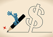 蓝人(编辑、作家、艺术家)骑着一只大铅笔，画着美元符号线、版税概念、为杂志、期刊或渴求内容的企业写文章或画图像