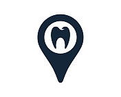 牙科办公室牙齿符号与导航位置地图引脚图标矢量插图