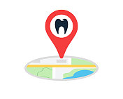牙科办公室牙齿符号与导航位置地图引脚图标矢量插图