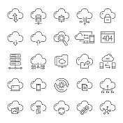 一组云技术相关的线图标。可编辑的中风。简单的轮廓图标。