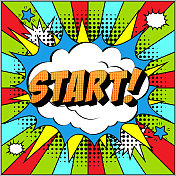 在波普艺术风格的爆炸演讲泡泡开始漫画文字。 在波普艺术风格的爆炸演讲泡泡开始漫画文字。