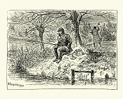 一个雨天在河边钓鱼的人，19世纪的维多利亚