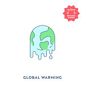 全球变暖平面图标，可编辑的笔触和像素完美。